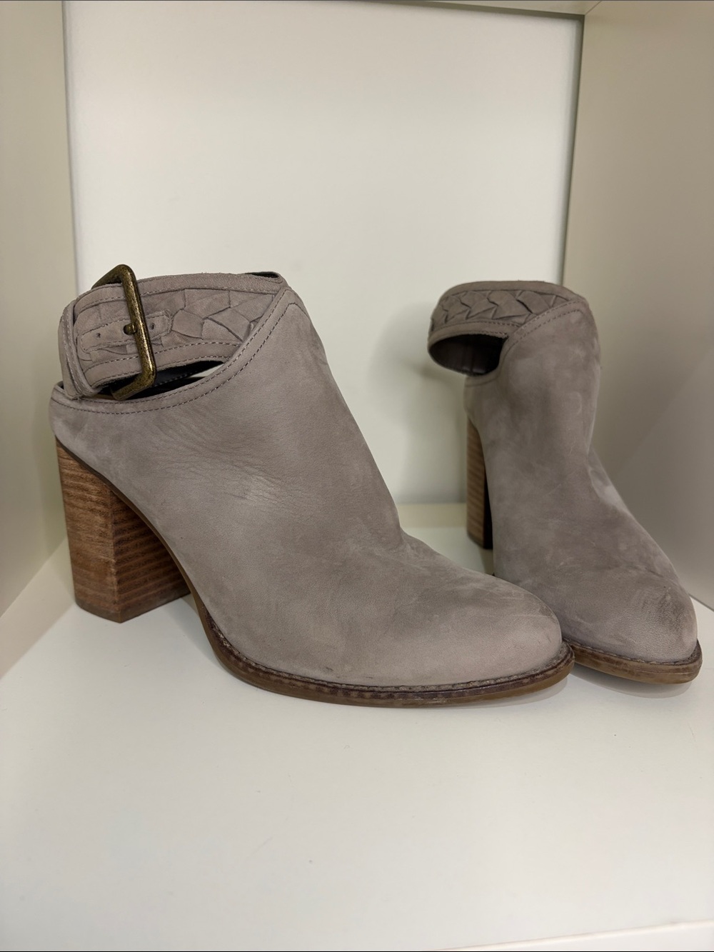 Taupe Suede Block Heel Mule Booties 8